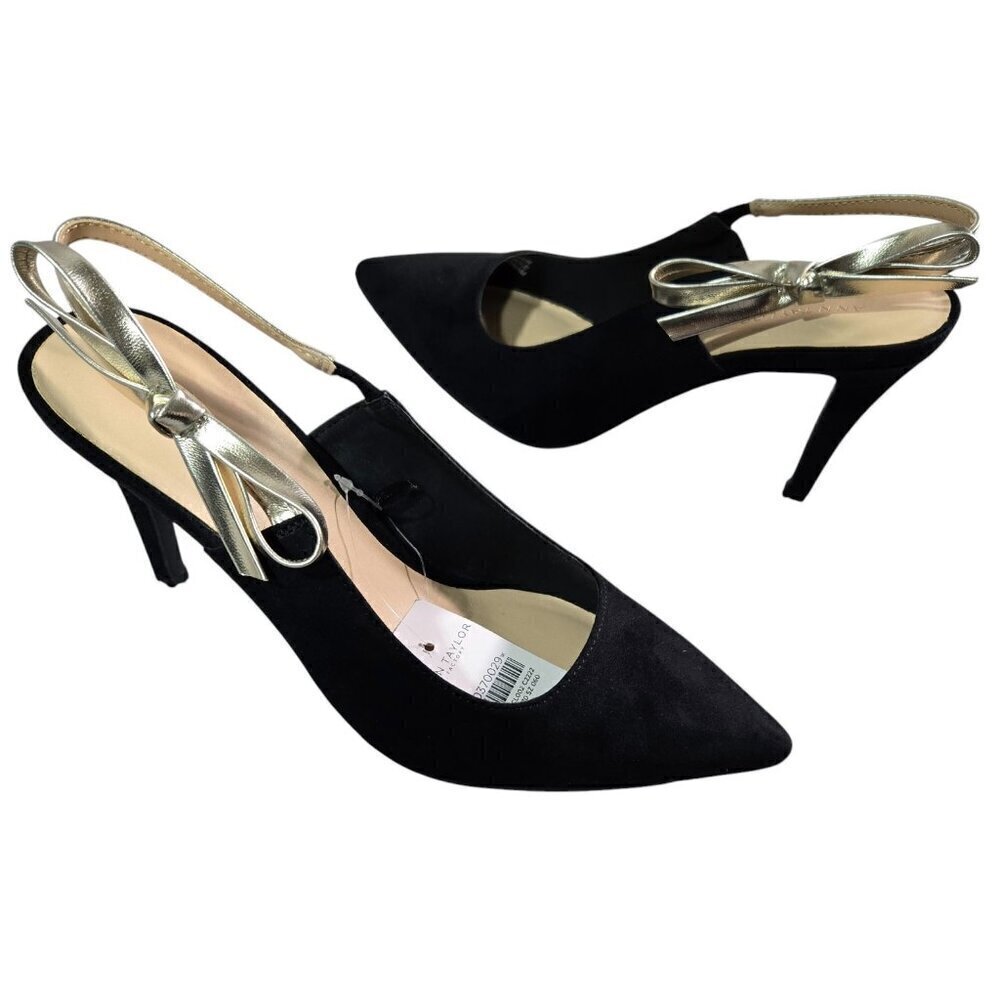 Ann Taylor Factory NWT Black Fabric Pointed Toe Slingback Bow Dressy Pumps